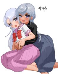  black_skirt blush grey_hair highres hug hug_from_behind long_hair mutsuba_asaka mutsuba_asana open_mouth pink_skirt pleated_skirt sailor_collar school_uniform serafuku simple_background skirt smile violet_eyes white_background yu-gi-oh! yu-gi-oh!_go_rush!! yu-gi-oh!_sevens yuzutaroman 
