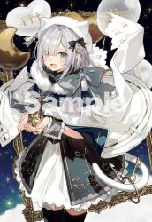  1girl :d aqua_eyes balloon beret black_bow black_thighhighs bow chocoan commentary_request crescent_balloon cross dress grey_hair hair_bow hat heart_balloon kaga_sumire kaga_sumire_(4th_costume) looking_at_viewer official_art sample_watermark second-party_source smile solo star_(symbol) thigh-highs tongue virtual_youtuber vspo! watermark white_hat 