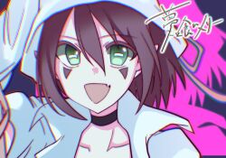 1girl :d black_choker character_name choker chromatic_aberration coat commentary_request facial_mark fang green_eyes hair_between_eyes hat highres horizontal_pupils looking_at_viewer merry_nightmare open_mouth purple_hair shirotatata_tw short_hair skin_fang smile solo upper_body white_coat white_hat yumekui_merry 