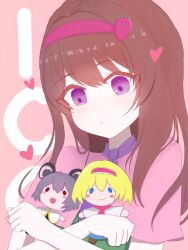  alice_margatroid brown_hair capelet character_doll character_name closed_mouth commentary_request cookie_(touhou) doll expressionless food-themed_hair_ornament hair_ornament hairband heart highres holding holding_doll ichigo_(cookie) long_hair looking_at_viewer nazrin nyon_(cookie) pink_background pink_capelet purple_hairband strawberry_hair_ornament touhou ukiuki_ukio upper_body violet_eyes 