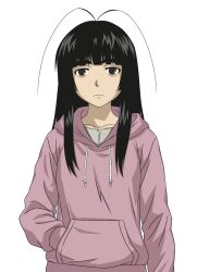  1girl antenna_hair black_eyes black_hair blunt_bangs english_commentary expressionless hand_in_pocket highres hime_cut hood hoodie jimiko kano_kino long_hair long_sidelocks looking_at_viewer original parody pink_hoodie sidelocks simple_background solo style_parody suwa_machi_(kano_kino) thick_eyebrows white_background 