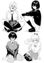  4girls against_wall age_difference arm_support bob_cut bow bowtie breasts cardigan collar commentary_request dark-skinned_female dark_skin delinquent ear_piercing earrings eyeliner greyscale hair_between_eyes highres indian_style izumida_fuyuki jacket jewelry kneehighs large_breasts long_hair loose_necktie makeup medium_breasts miniskirt monochrome multiple_girls necktie no_shoes open_mouth original piercing pleated_skirt ponytail shoes short_hair sitting skirt smile socks squatting v v_over_eye vertical-striped_bowtie wariza yokozuwari 