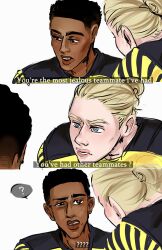  2boys ? ?? black_hair blonde_hair blue_eyes borussia_dortmund brown_eyes commentary dark-skinned_male dark_skin english_text erling_haaland hair_bun highres jude_bellingham male_focus multiple_boys real_life short_hair simple_background sycophantlio thick_eyebrows 