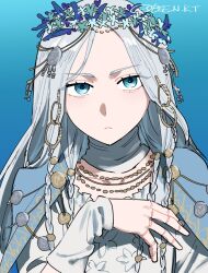  1girl :< bee_n_k_t blue_background blue_cape blue_eyes braid cape choker commentary_request doll_joints dress elden_ring elden_ring_nightreign facing_viewer flower_wreath gold_trim gradient_background hand_up head_wreath jewelry joints looking_at_viewer low_twin_braids parted_bangs revenant_(elden_ring) signature solo twin_braids twitter_username upper_body white_choker white_dress white_hair white_wrist_cuffs wrist_cuffs 