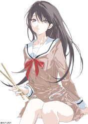  1girl absurdres bang_dream! bang_dream!_it's_mygo!!!!! black_hair brown_dress commentary dress drumsticks hanasakigawa_school_uniform highres holding holding_drumsticks long_hair long_sleeves mole mole_under_eye neck_ribbon no.0_fish red_ribbon ribbon sailor_collar sailor_dress school_uniform shiina_taki simple_background solo untranslatable_commentary violet_eyes white_background white_sailor_collar 