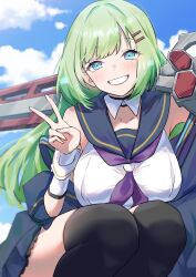  1girl :d assault_lily bare_shoulders black_thighhighs blue_eyes blue_jacket blue_sailor_collar blue_skirt blue_sky blush breasts clouds commentary_request detached_collar feet_out_of_frame green_hair grin hair_ornament hairclip hands_up highres holding holding_sword holding_weapon houji_tea_latte jacket kawabata_hotaru large_breasts long_hair looking_at_viewer miniskirt neckerchief odaiba_girls_high_school_uniform off_shoulder open_clothes open_jacket over_shoulder purple_neckerchief sailor_collar school_uniform serafuku shirt skirt sky sleeveless sleeveless_shirt smile solo squatting sword sword_over_shoulder thigh-highs v very_long_hair weapon weapon_over_shoulder white_shirt zettai_ryouiki 