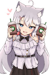  1girl :d ahoge animal_ear_fluff animal_ears black_bow black_skirt blue_eyes blush bow commentary_request cup disposable_cup drinking_straw grey_hair grey_shirt hair_between_eyes hair_ornament hairclip hands_up heart highres holding holding_cup jacket long_hair long_sleeves multicolored_hair nyaha off-shoulder_jacket off_shoulder original pleated_skirt puffy_long_sleeves puffy_sleeves shirt simple_background skirt smile solo starbucks streaked_hair very_long_hair white_background white_hair white_jacket 