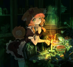  1girl absurdres ahoge animal_ears apron black_dress bow bracelet candle candlestand chair commentary cup cupboard dark dining_room dress english_commentary eudetenis flat_chest food frilled_apron frilled_bracelet frills green_eyes hair_bow hand_on_own_cheek hand_on_own_face highres holding holding_matchstick indoors jewelry leaning_forward lighting_candle long_hair looking_at_viewer low_twintails maid maid_apron matchstick nail_polish original plate puffy_cheeks puffy_short_sleeves puffy_sleeves red_bow short_sleeves solo squirrel_ears squirrel_girl squirrel_tail swept_bangs table tail teapot thigh-highs twintails utensil wax white_apron white_thighhighs wooden_chair wooden_table 