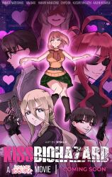  6+girls absurdres ada_wong ada_wong_(cosplay) antenna_hair artist_name ashley_graham ashley_graham_(cosplay) baio_rin black_gloves black_hair blonde_hair blue_eyes blush braid brown_hair character_name commentary copyright_name cosplay english_commentary facial_mark fingerless_gloves glasses gloves grin gun hair_between_eyes hanazono_hakari handgun heart heart-shaped_pupils heart_facial_mark highres holding holding_gun holding_weapon iin_chiyo jpsklr kedarui_aashii kimi_no_koto_ga_dai_dai_dai_dai_daisuki_na_100-nin_no_kanojo leon_s._kennedy leon_s._kennedy_(cosplay) long_hair_between_eyes mark_under_eye movie_poster_(medium) multiple_girls parody pink_eyes pink_hair red_eyes red_hair resident_evil resident_evil_4 shaded_face sharp_teeth smile sunglasses symbol-shaped_pupils teeth weapon yakuzen_kusuri yamato_nadeshiko_(hyakkano) 