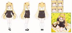  1girl absurdres ahoge artist_request black_dress black_shoes blonde_hair commentary_request commission cross cross_necklace dress elf flower flower_wreath food hair_bobbles hair_ornament highres incredibly_absurdres jewelry korean_commentary latin_cross necklace nun original picnic picnic_basket pointy_ears rapeseed_blossoms red_eyes reference_sheet sandwich second-party_source shoes solo twintails twintails_elf_nun_(sugarnut) 