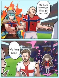  2026_fifa_world_cup 2boys 2girls abs animal_ears aura beard blue_eyes blue_hair blue_shirt blunt_bangs braid brown_hair capelet clenched_teeth commentary crossed_arms dark_aura english_commentary english_flag_print english_national_soccer_team_uniform erling_haaland estelle_(vtuber) eughfish facial_hair fake_horns fire fur-trimmed_capelet fur_trim grin harry_kane hatsune_miku helmet highres horned_helmet horns indie_virtual_youtuber long_hair midriff multiple_boys multiple_girls muscular muscular_female norwegian_flag_print norwegian_miku norwegian_national_soccer_team_uniform open_mouth pants pink_skirt pointing pointing_at_another ponytail red_shirt shirt short_hair short_sleeves shrugging skirt smile soccer_uniform sportswear stadium t-shirt teeth twin_braids two-tone_shirt very_long_hair virtual_youtuber vocaloid white_pants white_shirt world_cup 
