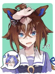  2girls animal_ears blue_eyes blue_hair blush bow bowtie braid brown_hair cesario_(umamusume) closed_eyes crown_braid epiphaneia_(umamusume) hair_between_eyes hair_tuft headpat highres horse_ears horse_girl long_hair multicolored_hair multiple_girls open_mouth purple_bow purple_bowtie purple_shirt sailor_collar sailor_shirt school_uniform shirt short_hair smile sorekara_64 speech_bubble streaked_hair tracen_school_uniform umamusume umamusume_horse_relations white_hair white_sailor_collar 