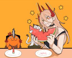  absurdres anger_vein annoyed blonde_hair chainsaw chainsaw_man commentary creature cross-shaped_pupils demon_girl demon_horns eating english_commentary food fruit hair_between_eyes highres horns long_hair long_hair_between_eyes meowy_(chainsaw_man) pochita_(chainsaw_man) power_(chainsaw_man) red_horns sailen0 sharp_teeth simple_background symbol-shaped_pupils teeth watermelon yellow_eyes 