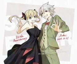  1boy 1girl anniversary bare_shoulders black_dress blonde_hair bow bowtie commentary_request copyright_name dress formal_clothes green_eyes green_pants grin long_hair looking_at_viewer maka_albarn ok_sign pants red_bow red_eyes se_sm smile soul_eater soul_evans suit twintails v white_hair 