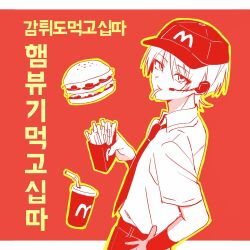  1boy alternate_costume arm_at_side big_mac blunt_ends border burger closed_mouth collared_shirt commentary_request contemporary cup disposable_cup drinking_straw employee_uniform eyeliner fast_food fast_food_uniform food food_in_mouth french_fries genshin_impact hand_on_own_hip hat headset highres holding holding_food korean_commentary korean_text letterboxed makeup male_focus mcdonald's monochrome necktie outline peaked_cap pyong_deog red_background red_theme scaramouche_(genshin_impact) shirt short_sleeves solo translation_request tsurime white_border yellow_outline 
