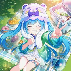  1girl absurdres avocado beer_bottle blue_hair blush bottle bow bread chinese_commentary closed_eyes commentary_request day doughnut dress facing_viewer feet_out_of_frame food from_above fruit grapes grass green_jacket grin hat highres holding honkai:_nexus_anima honkai_(series) jacket jigboom long_hair long_sleeves meadow nail_polish nanafey_(honkai:_nexus_anima) open_clothes open_jacket outdoors picnic plate sitting skirt smile solo thigh_strap twintails v very_long_hair white_dress white_skirt 