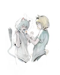  2girls :3 absurdres animal_ears blonde_hair breasts brown_eyes can cat_ears cat_girl cat_tail cigarette closed_mouth cropped_torso drink_can fire from_side grey_hair grey_shirt hair_between_eyes hands_up highres holding holding_can holding_lighter kanji_(nievart) lighter lighting_cigarette looking_at_another looking_down medium_breasts mouth_hold multiple_girls open_mouth profile shirt short_hair short_sleeves simple_background smile smoke smoke_trail smoking tail white_background yaku_neko_(yani_neko) yani_neko yani_neko_(yani_neko) yellow_eyes 