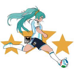  1girl 2026_fifa_world_cup aqua_eyes aqua_hair argentina argentinian_miku argentinian_national_soccer_team_uniform ball breasts diego_maradona ear_piercing hatsune_miku highres junodayz long_hair medium_breasts piercing simple_background soccer soccer_ball soccer_uniform sportswear star_(symbol) trionda twintails vocaloid white_background world_cup worldwide_miku 