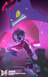  1boy ahoge allister_(pokemon) black_hair collared_shirt colored_sclera demonqz7 dynamax gengar gigantamax gigantamax_gengar gloves highres long_sleeves male_focus mask open_mouth poke_ball poke_ball_(basic) pokemon pokemon_(creature) pokemon_sword_and_shield red_eyes shirt shoes short_hair shorts single_glove smile suspender_shorts suspenders teeth tongue tongue_out violet_eyes yellow_sclera 