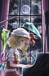  1girl ascot blonde_hair closed_mouth clouds collared_shirt crystal crystal_wings curtains expressionless flandre_scarlet frilled_shirt_collar frills from_side full_moon hat hat_ribbon highres instrument mob_cap moon multicolored_wings night one_side_up otomeza_ryuseigun playing_instrument playing_piano puffy_short_sleeves puffy_sleeves red_eyes red_skirt red_vest ribbon shirt short_sleeves skirt skirt_set solo touhou vest white_hat white_shirt window wings yellow_ascot 