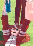  1girl 1other blush bottle brown_hair dated grass holding holding_bottle holding_towel jacket long_hair looking_at_another lying multicolored_hair on_back open_mouth out_of_frame outdoors outstretched_arms pants ponytail red_jacket red_pants shadow shoes smile sneakers streaked_hair sweat takuzui teeth tokai_teio_(umamusume) towel track_jacket twitter_username umamusume water_bottle 