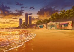  awning beach blue_archive building cityscape cliff clouds cumulonimbus_cloud evening foam food_stand forest game_asset horizon landscape nature no_humans non-web_source ocean official_art orange_sky orange_theme outdoors railing ring_of_light_(blue_archive) ripples sand scenery shop shore sign sky skyscraper storefront sunset tree warm_colors water waves window 