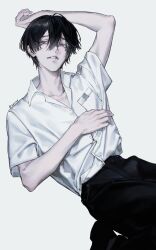  1boy belt black_hair cheng_yuan chinese_commentary collarbone commentary_request hair_between_eyes hikaru_ga_shinda_natsu male_focus mole mole_on_cheek mole_under_mouth pants parted_lips school_uniform shirt short_hair short_sleeves simple_background solo tsujinaka_yoshiki weibo_username white_background white_shirt 