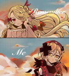  2girls blonde_hair bow cross cross_ornament dress eyepatch frilled_dress frills hair_bow hair_ornament hat highres long_hair long_sleeves magical_girl mahou_shoujo_ikusei_keikaku mahou_shoujo_ikusei_keikaku_restart multiple_girls nurse_cap pfle pink_bow purple_bow shadowgale short_hair smile starletleaf yellow_eyes 