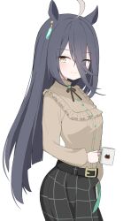  1girl absurdres ahoge animal_ears belt black_belt black_hair black_ribbon black_skirt blush breasts casual closed_mouth coffee_mug commentary_request cup ear_tag earrings frilled_shirt frills hair_between_eyes highres holding holding_cup horse_ears horse_girl jewelry long_bangs long_hair long_hair_between_eyes long_sleeves manhattan_cafe_(casual)_(umamusume) manhattan_cafe_(umamusume) mug multicolored_hair nanairo_(users28200410) neck_ribbon ribbon shirt shirt_tucked_in simple_background single_earring skirt small_breasts smile solo umamusume white_background white_hair yellow_eyes yellow_shirt 