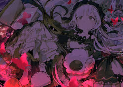  1girl animal_slippers black_dress black_ribbon bloomers book bow bug butterfly commentary dress english_commentary floating_hair frilled_dress frills grey_eyes grey_hair lolita_fashion long_hair long_sleeves mahou_shoujo_no_majo_saiban natsume_an-an ribbon sheep sleeves_past_fingers sleeves_past_wrists slippers solo soresaki stuffed_animal stuffed_toy very_long_hair white_hair 