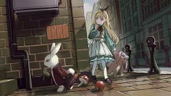  1girl absurdres alice's_adventures_in_wonderland alice_(alice_in_wonderland) apple blonde_hair blue_eyes carrot chess_piece commentary_request dress food fruit highres holding holding_stuffed_toy kosh long_hair looking_at_another mary_janes mushroom pantyhose pawn_(chess) pocket_watch rabbit shoes stuffed_animal stuffed_rabbit stuffed_toy town watch white_pantyhose white_rabbit_(alice_in_wonderland) 