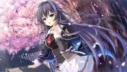  1girl back_bow black_eyes black_hair black_jacket bow braid buttons cape cherry_blossoms da_capo da_capo_v day double-breasted dutch_angle emblem floating_hair game_asset hair_intakes hand_up highres jacket kisaragi_yuu_(kisaragiyu) long_sleeves necktie non-web_source official_art open_mouth outstretched_arm pleated_skirt red_necktie sailor_collar school_uniform side_braid skirt sleeve_cuffs standing tokisaka_yukina visual_novel_cg white_bow white_sailor_collar white_skirt 