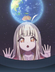  1girl absurdres ahoge blonde_hair brown_eyes censored cho_kaguya-hime! commentary earth_(planet) highres kaguya_(cho_kaguya-hime!) kaguya_(reply)_(cho_kaguya-hime!) kaguya_(tsukuyomi)_(cho_kaguya-hime!) long_hair mosaic_censoring open_mouth planet solo space star-shaped_pupils star_(symbol) symbol-shaped_pupils thereaakari untranslatable_commentary 