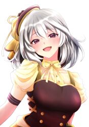  1girl :d assault_lily black_hat black_shirt blush breasts buttons collared_shirt commentary_request grey_hair hair_between_eyes hat hat_ribbon hata_matsuri highres looking_at_viewer medium_breasts medium_hair neck_ribbon open_mouth ribbon shirt short_sleeves smile solo tilted_headwear tora_(yoaq151bibozrrb) two-tone_headwear two-tone_shirt violet_eyes white_background yellow_hat yellow_ribbon yellow_shirt 