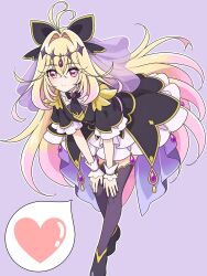  1girl antenna_hair black_bow black_capelet black_dress blonde_hair bow brooch capelet closed_mouth commentary_request cure_arcana_shadow diamond_hairband dress frilled_capelet frilled_cuffs frills gradient_hair hair_intakes heart heart_brooch highres jewelry long_hair looking_at_viewer magical_girl meitantei_precure! moria_luluka multicolored_hair precure purple_background purple_veil purple_wrist_cuffs ryuhirohumi simple_background smile solo veil very_long_hair violet_eyes wrist_cuffs 