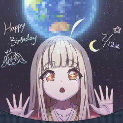  1girl absurdres ahoge blonde_hair brown_eyes censored cho_kaguya-hime! commentary earth_(planet) happy_birthday highres kaguya_(cho_kaguya-hime!) kaguya_(reply)_(cho_kaguya-hime!) kaguya_(tsukuyomi)_(cho_kaguya-hime!) long_hair mosaic_censoring open_mouth planet solo space star-shaped_pupils star_(symbol) symbol-shaped_pupils thereaakari untranslatable_commentary 