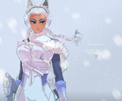  1girl animal_ears apex_legends blue_eyeshadow blue_gloves bodysuit braid breasts bright_pupils brown_eyes character_name copyright_name dated earmuffs english_commentary eyeshadow floating_hair fox_ears foxy_fatale_loba gloves gun holding holding_gun holding_weapon jacket joong_beak kemonomimi_mode large_breasts loba_(apex_legends) long_hair looking_at_viewer looking_to_the_side makeup official_alternate_costume parted_lips scarf sleeveless sleeveless_jacket snowing solo twin_braids v-shaped_eyebrows weapon white_bodysuit white_hair white_jacket white_pupils white_scarf 