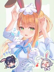  3girls ? ?? arms_up blue_ribbon blush commentary_request embarrassed flying_sweatdrops gakuen_idolmaster green_eyes hataya_misuzu hatsuboshi_gakuen_school_uniform highres idolmaster katsuragi_lilja long_hair miyanome mole mole_under_eye multiple_girls neck_ribbon orange_hair rabbit_pose ribbon school_uniform shirt shiun_sumika watermark white_shirt 