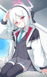  1girl absurdres black_hairband blue_archive blue_necktie blush commentary_request double-parted_bangs hair_between_eyes hairband half_updo halo highres jacket kei_(blue_archive) kei_(student)_(blue_archive) long_hair long_hair_between_eyes long_sleeves looking_at_viewer loosely_tucked_bangs multicolored_jacket necktie open_mouth pink_eyes pink_halo rectangular_halo ringed_eyes shirt skirt thigh-highs two-tone_jacket very_long_hair white_hair white_jacket white_shirt yanasutak 