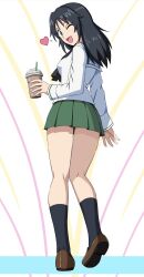 1girl back black_hair black_sailor_collar black_socks brown_shoes commentary_request cup full_body girls_und_panzer green_skirt heart highres holding japan_ground_self-defense_force long_hair looking_back omachi_(slabco) one_eye_closed ooarai_school_uniform open_mouth sailor_collar school_uniform shirt shoes skirt socks solo standing white_shirt yamagou_ayumi