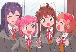  4girls ^_^ bow brown_hair closed_eyes collared_shirt doki_doki_literature_club doki_doki_literature_club_school_uniform fang green_eyes grey_jacket hair_bow hair_intakes hair_ornament hairclip jacket laughing long_hair long_sleeves monika_(doki_doki_literature_club) multiple_girls natsuki_(doki_doki_literature_club) neck_ribbon open_clothes open_jacket open_mouth orange_sweater_vest pink_eyes pink_hair purple_hair red_bow red_ribbon ribbon sayori_(doki_doki_literature_club) school_uniform shirt short_twintails sweater_vest tsubobot twintails white_bow window x_hair_ornament yuri_(doki_doki_literature_club) 