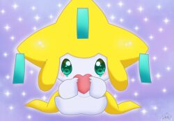  1other aqua_eyes bilingual_commentary blush commentary english_commentary full_body heart holding holding_heart jirachi jirachicute28 looking_at_viewer mixed-language_commentary other_focus pokemon pokemon_(creature) pokemon_focus sitting solo spanish_commentary sparkle watermark 