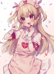  1girl apron armband bandaged_wrist bandages blush brown_hair center_frills collared_dress commentary_request confetti cowboy_shot dress fang frilled_skirt frills furrowed_brow gradient_background hair_ornament hanasaki_ayame_(artist) hands_up hat heart heart_print highres long_hair looking_at_viewer nail_polish natori_sana natori_sana_(nurse) nurse_cap open_mouth pink_apron pink_background pink_hat puffy_short_sleeves puffy_sleeves rabbit_hair_ornament red_armband red_eyes red_nails sana_channel short_sleeves skin_fang skirt smile solo tearing_up two_side_up v virtual_youtuber white_background white_dress 