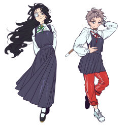  2girls absurdres aged_down ahoge amaguni_hitoya amayado_rei ankle_socks arm_up arms_behind_back black_dress black_hair black_shoes breasts bright_pupils choppy_bangs collared_shirt commentary cowlick curtained_hair dress eyepatch floating_hair frown full_body fully_genderswapped_group genderswap genderswap_(mtf) green_eyes green_ribbon grey_hair grey_shoes highres holding holding_behind_back holding_sword holding_sword_behind_back holding_weapon holding_weapon_behind_back hypnosis_mic korean_commentary large_breasts long_dress long_hair long_sleeves looking_at_another looking_at_viewer looking_to_the_side loose_neck_ribbon mary_janes medical_eyepatch mole mole_under_eye multiple_girls myamkk72 neck_ribbon pants pants_rolled_up pants_under_dress partially_unbuttoned pinafore_dress pleated_dress raised_eyebrows red_pants red_ribbon ribbon school_uniform shinai shirt shoes short_bangs short_dress short_hair sideways_glance simple_background sleeveless sleeveless_dress smile sneakers socks sword track_pants v-shaped_eyebrows very_long_hair very_short_hair wavy_hair weapon white_background white_pupils white_shirt white_socks 