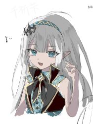  1girl :d absurdres aegyo_sal ahoge artist_name bare_shoulders black_ribbon black_vest blue_eyes blue_hairband blunt_sidelocks buttons chinese_commentary commentary_request cropped cropped_torso eighth_note extra_pupils female_tyrant_(stella_sora) grey_hair hairband hand_up highres hx-testsnow key lapels long_hair looking_at_viewer multicolored_hair musical_note neck_ribbon notched_lapels open_mouth plaid_clothes plaid_hairband pointy_ears popped_collar ribbon sidelocks simple_background sleeveless smile solo stella_sora streaked_hair symbol-shaped_pupils tyrant_(stella_sora) vest white_background white_streaks 