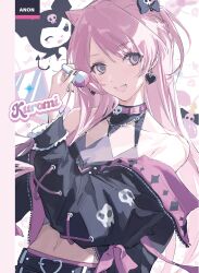  1girl absurdres bang_dream! bang_dream!_it's_mygo!!!!! bare_shoulders black_jacket chihaya_anon commentary cone_hair_bun cropped_jacket fang grey_eyes hair_bun highres jacket kuromi long_hair looking_at_viewer makeup_brush midriff my_melody_(series) navel no.0_fish off_shoulder official_alternate_costume onegai_my_melody open_mouth pink_hair sanrio solo teeth untranslatable_commentary upper_teeth_only 
