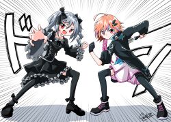  2girls :d ahoge avan_strash black_bow black_corset black_dress black_gloves black_jacket black_overskirt black_ribbon black_shoes black_thighhighs blue_streaks bow braid clenched_hand closed_mouth collarbone commentary_request commission corset dot_nose dress drill_hair frilled_skirt frilled_sleeves frills full_body generalcanon gloves grey_hair hair_between_eyes hair_bow hair_ornament hairclip hands_up high_collar highres holding holding_microphone_stand idolmaster idolmaster_cinderella_girls jacket juliet_sleeves kanzaki_ranko legs_apart light_blush long_hair long_sleeves low_block_heels medium_hair microphone microphone_stand multicolored_hair multiple_girls neck_ribbon ninomiya_asuka open_clothes open_jacket open_mouth orange_hair pink_eyes pink_streaks pixiv_commission pleated_skirt posing puffy_sleeves reaching reaching_towards_viewer red_eyes ribbon shoelaces shoes side_braid sidelocks sideways_glance single_braid single_glove skirt sleeve_rolled_up smile sound_effects streaked_hair thigh-highs twin_drills twintails v-shaped_eyebrows white_skirt wide_sleeves 