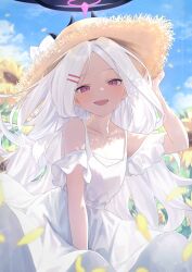  1girl absurdres alternate_costume black_horns blue_archive blue_sky blurry blurry_background commentary day demon_horns dress falling_petals field flower flower_field hair_ornament hairclip halo hand_on_headwear hat highres hina_(blue_archive) holding_own_dress horns kuchisode multiple_horns open_mouth outdoors parallel_hairclips petals purple_halo sky smile solo straw_hat sundress sunflower sunflower_field upper_body violet_eyes white_dress white_hair 