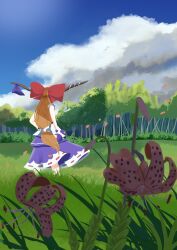  1girl absurdres blue_sky bow brown_horns clouds commentary_request day facing_away flower flower_request forest from_behind gasubanana gourd grass hair_bow highres holding holding_gourd horn_ornament horn_ribbon horns ibuki_suika long_hair nature oni orange_hair outdoors purple_skirt red_bow ribbon ribbon-trimmed_skirt ribbon_trim skirt sky solo touhou tree very_long_hair white_background 