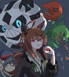  1girl ahoge animal_ears black_necktie blue_eyes brown_hair collared_shirt commentary_request ear_covers fangs glalie hair_between_eyes highres holding holding_poke_ball horse_ears horse_girl jacket long_hair long_sleeves looking_at_viewer mokuroo multiple_heads nakayama_festa_(festival_game)_(umamusume) nakayama_festa_(umamusume) necktie open_clothes open_jacket open_mouth paint poke_ball poke_ball_(basic) pokemon pokemon_(creature) scovillain shirt single_ear_cover smeargle smile tail teeth umamusume violet_eyes 